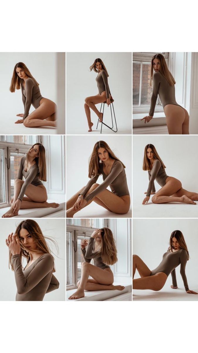 a woman is posing with her legs spread out and showing off her body in various poses