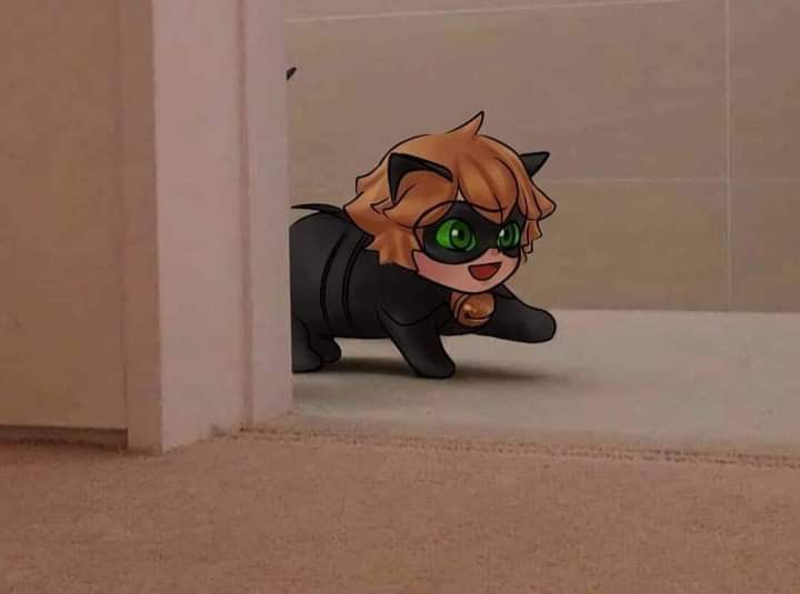 a cartoon cat with green eyes peeking out from behind a door in a bathroom area