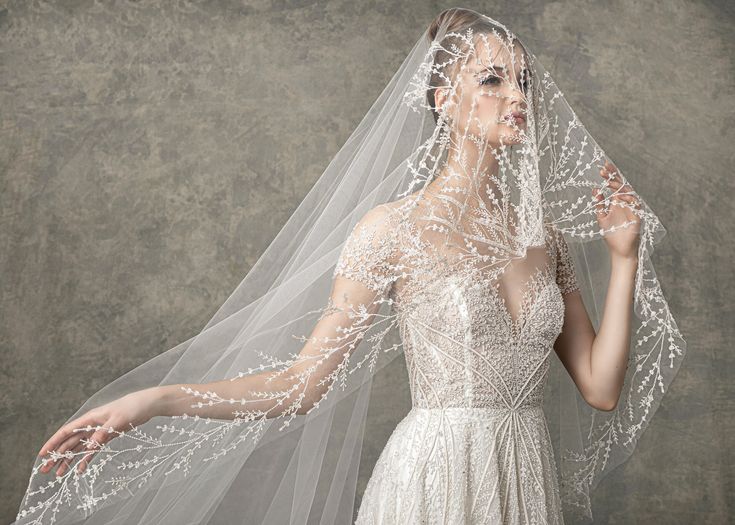 a woman in a wedding dress with a veil on her head