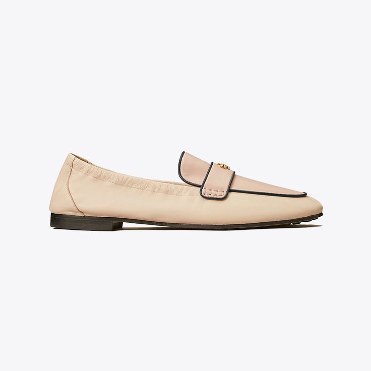 Our Ballet Loafer® is an interpretation of two classics — the flexibility of a ballet slipper with the profile of a loafer. The insole provides performance-level comfort, ruched sides secure the foot and treads on the outsole add traction. It is crafted in leather and detailed with a Double T in brushed gold. The shoe's edges are hand-painted and the strap is hand-stitched. Designer Flats, The Ballet, Ballet Slippers, Comfortable Flats, Footwear Design Women, Hand Stitched, Cream Color, Designer Shoes, Designing Women