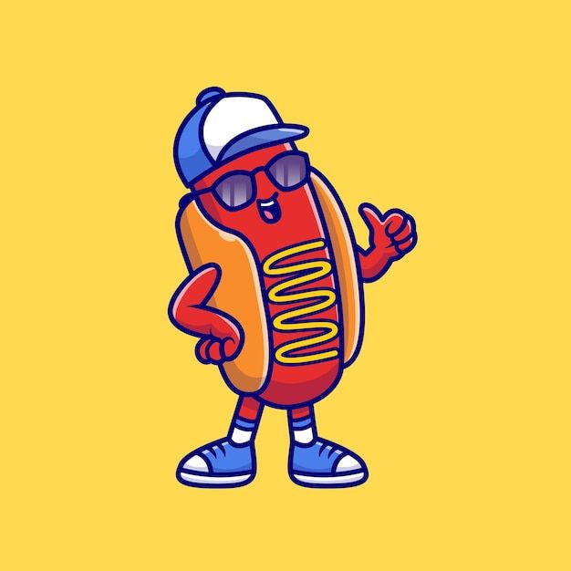 a cartoon hot dog wearing sunglasses and a baseball cap with his arms out in the air