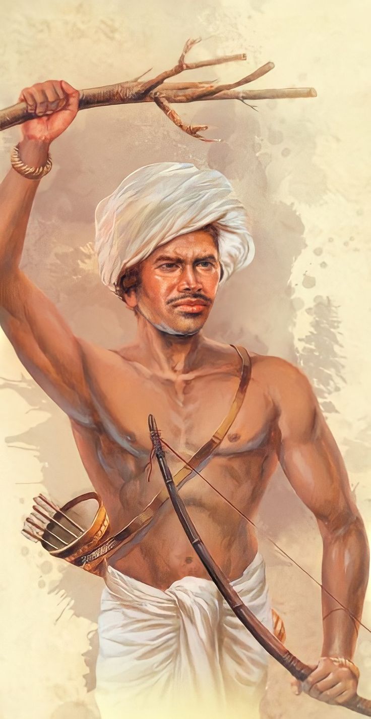 a painting of a man holding a bow and arrow in one hand while wearing a turban on the other