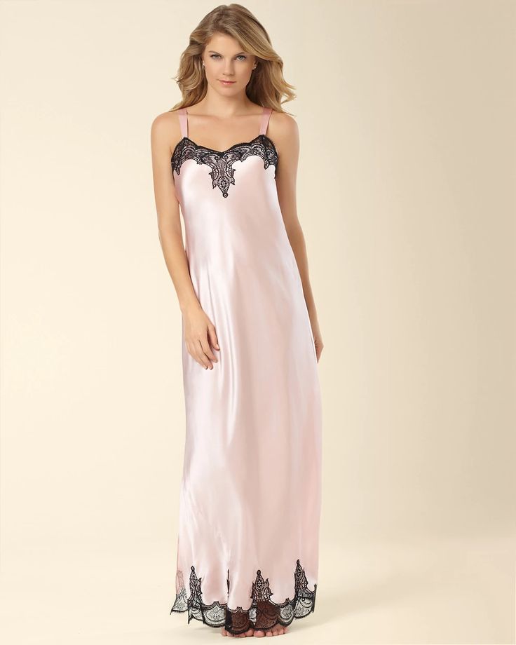 Long Silk Nightgown Sugar Pink - Soma Lace Slip Dress For Sleep, Sheer Satin Nightgown For Night, Sheer Lace Slip Dress For Sleep, Sheer Satin Sleep Dress, Sheer Satin Nightgown For Sleep, Evening Lace Nightgown With Delicate Details, Night Dresses With Contrast Lace In Satin, Lace Nightgown With Lace Trim For Sleep, Lace Bodice Nightgown For Loungewear