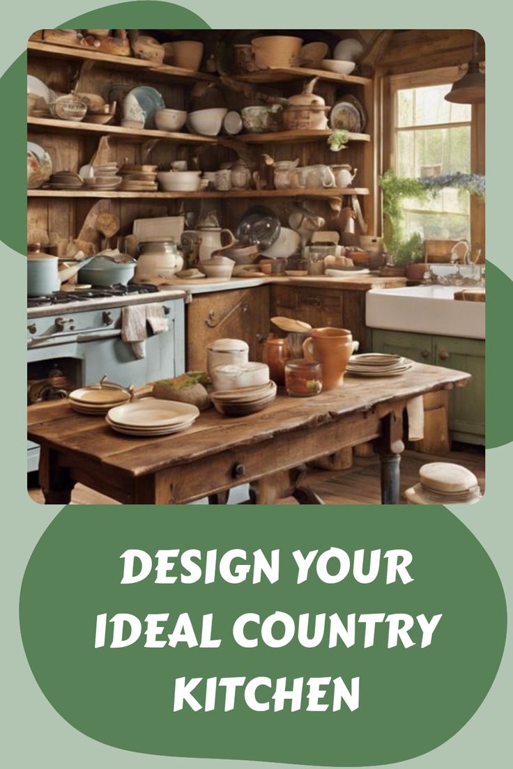 Rustic country kitchen with vintage cookware and wooden shelves. Crocks Decor Ideas Farmhouse Style, Decor With Antiques, Crocks Decor Ideas, Sink Styles, Old Country Kitchens, Primitive Country Kitchen, Kitchen Tile Inspiration, Industrial Chic Kitchen, Ensuite Bathroom Designs