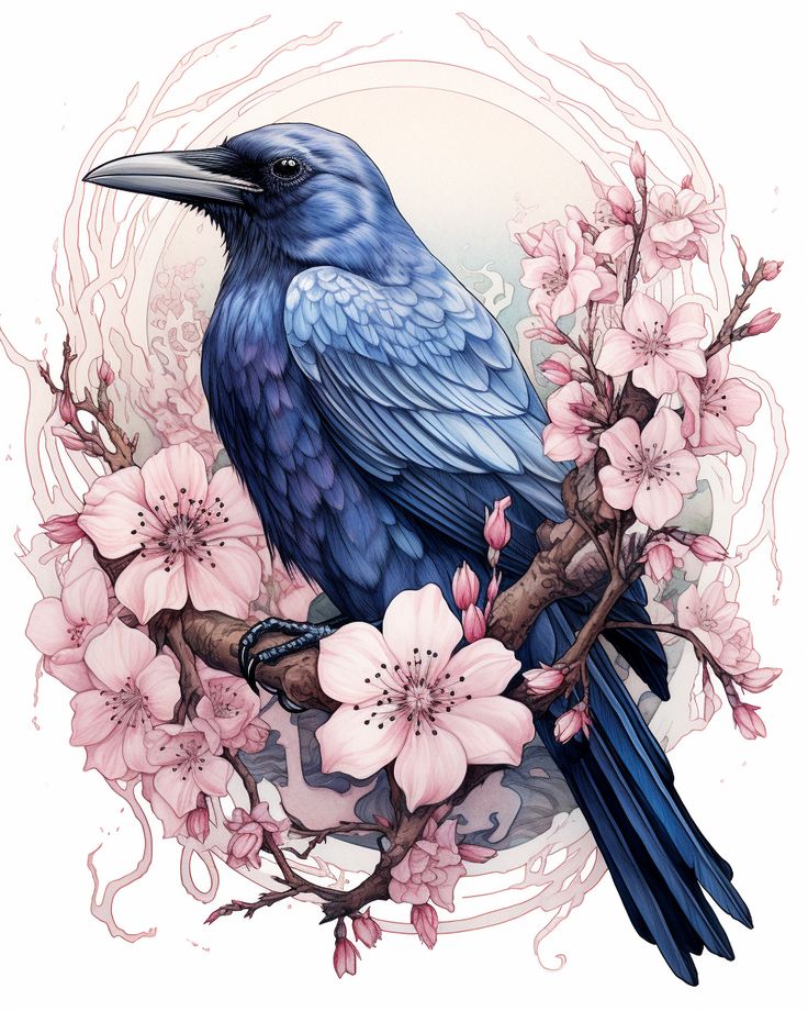 a blue bird sitting on top of a branch with pink flowers in the foreground