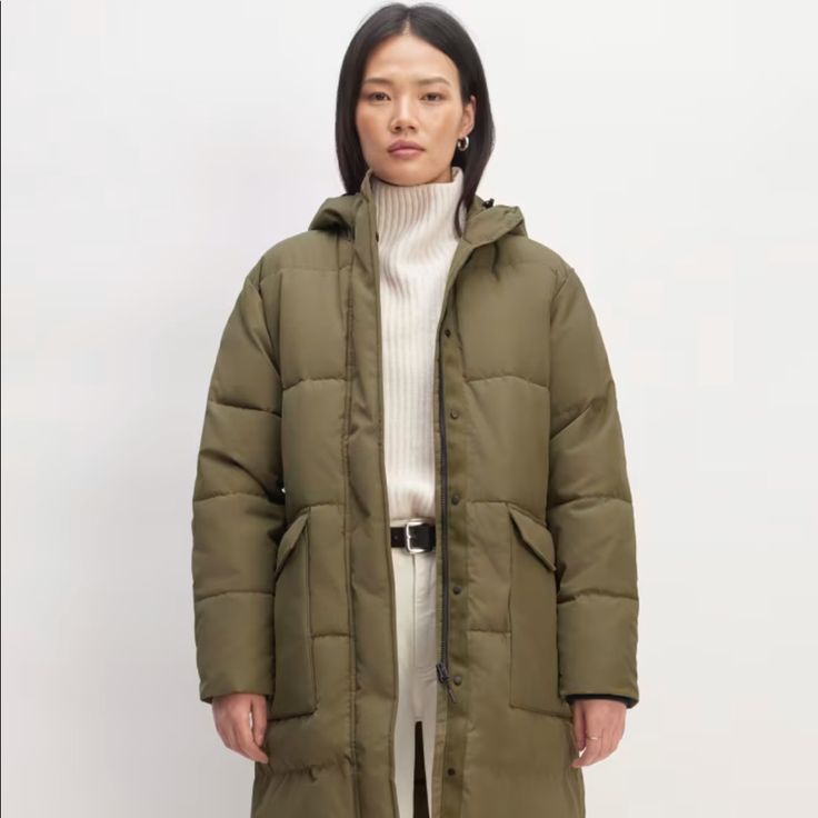 Everlane Xs Olive Green Long Puffer. New With Tags On. Vegan Puffer Jacket I Ordered An Xxs For Myself And Love It, I Just Missed The Return Date On The Jacket. Long Puffer Jacket Women, Puffer Jacket Outfits, Parka Jacket Women's, Long Parka Jacket, Corduroy Puffer Jacket, Women's Puffer Coats, Military Parka, Green Puffer Jacket, Red Puffer Jacket