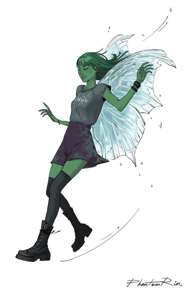 a drawing of a woman with green hair and wings on her body, wearing black boots