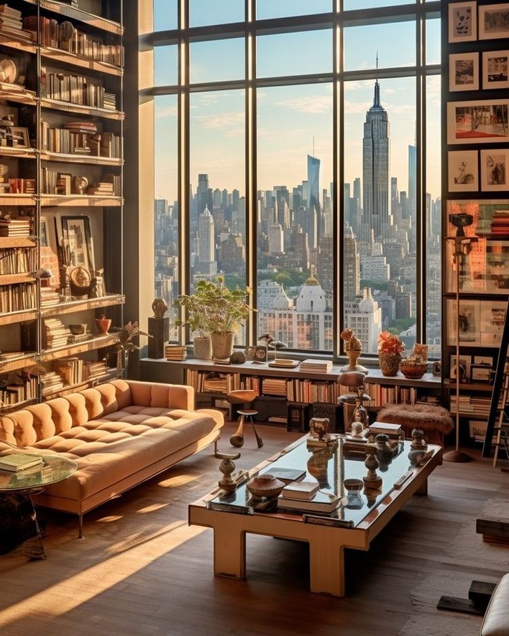 a living room filled with lots of furniture and tall buildings in the background at sunset