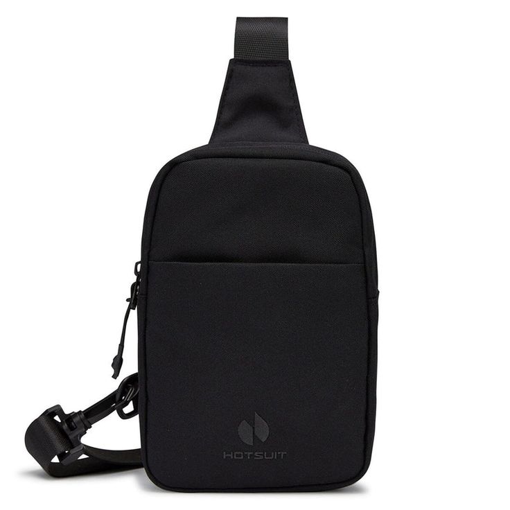 a black bag with a strap hanging from it's front pocket, on a white background