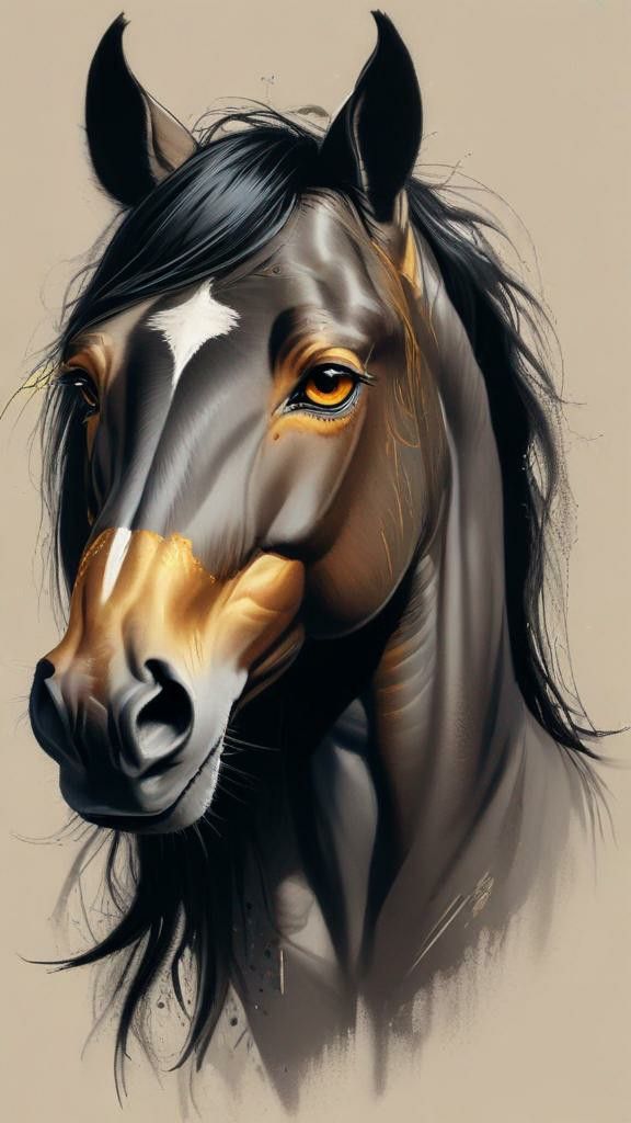 a painting of a horse's head with long black manes and gold eyes