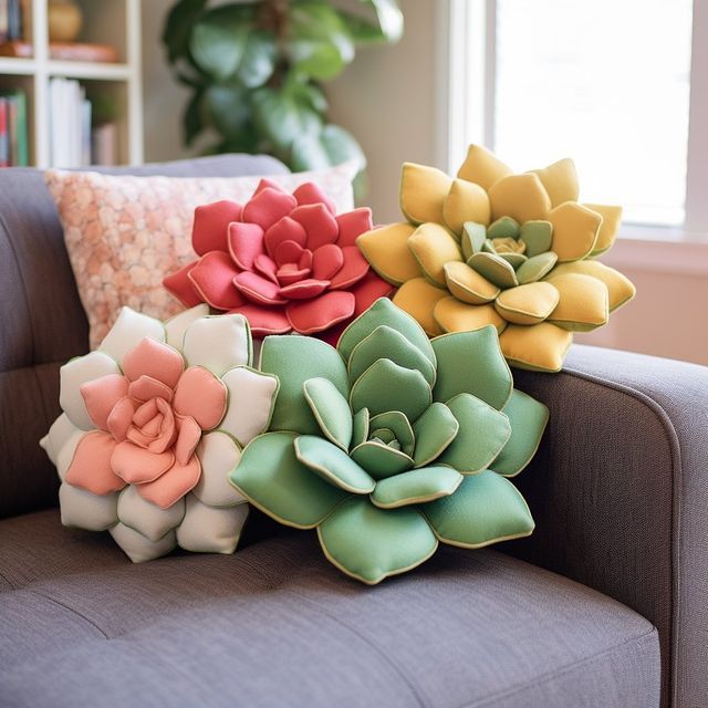 three succulents sitting on top of a couch in front of a window