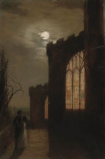 a painting of two people standing in front of an old building with a full moon behind them