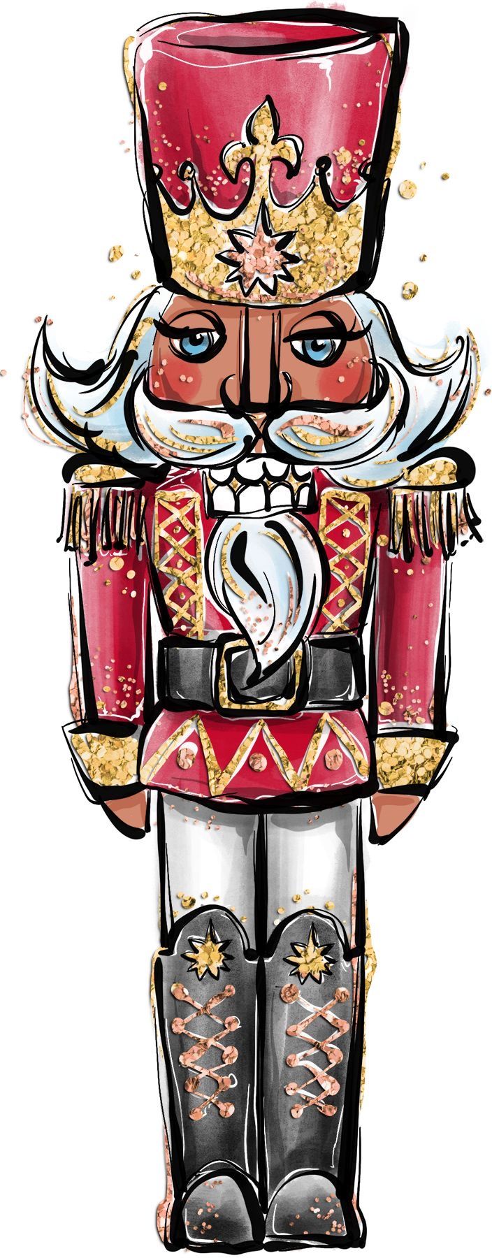 a drawing of a nutcracker in red and gold