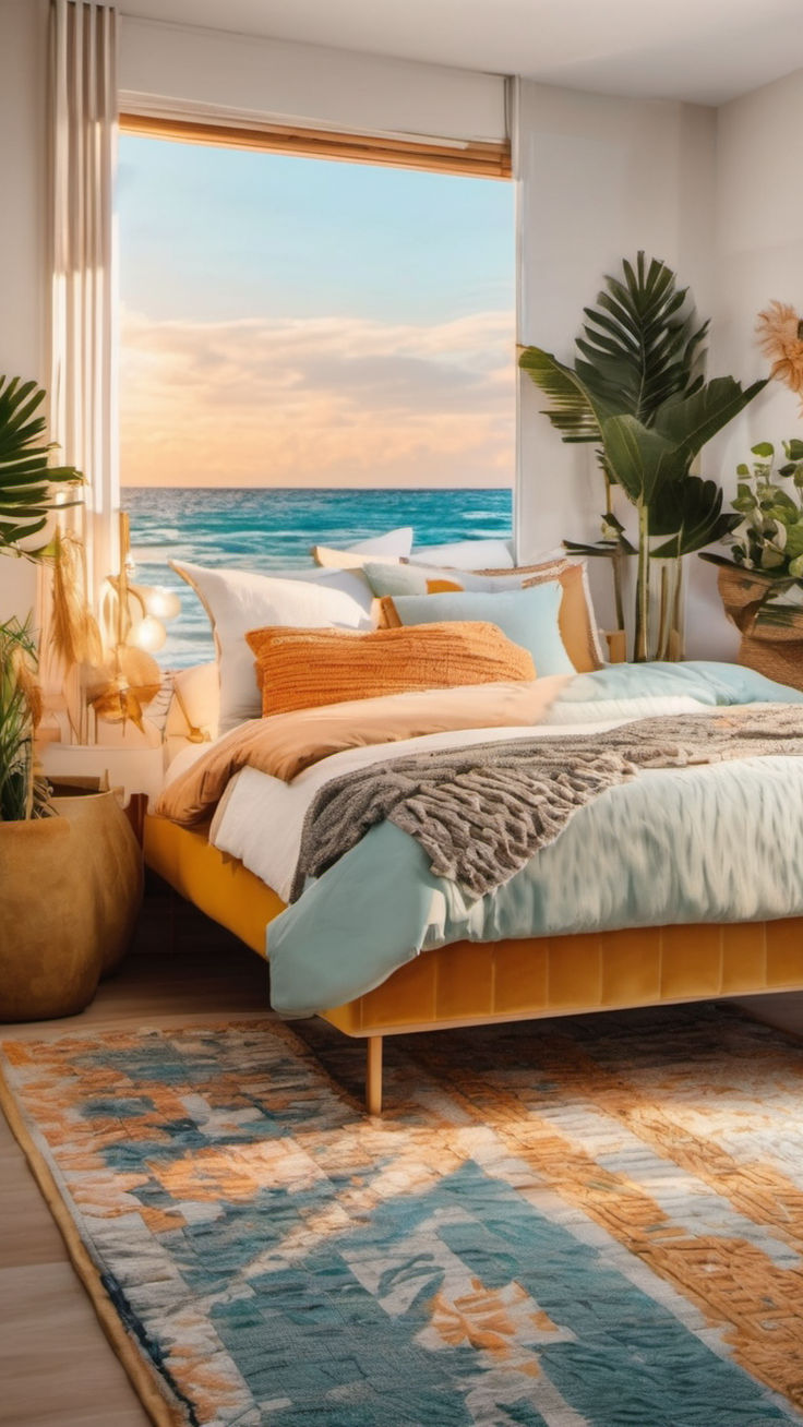 Beach Room Decor Bedroom Summer Theme Bedroom, Bright Beach Bedroom, Beach Bed Rooms, Sunset Themed Room, Room Decor Bedroom Beach, Bedroom Aesthetic Beach, Sunset Theme Bedroom, Pink Room Decor Bedroom, Room Decor Bedroom Pink