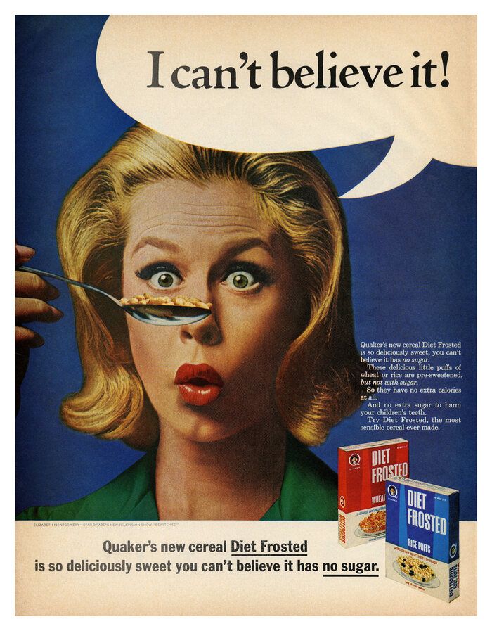 an advertisement for diet products with a woman holding a spoon in front of her face