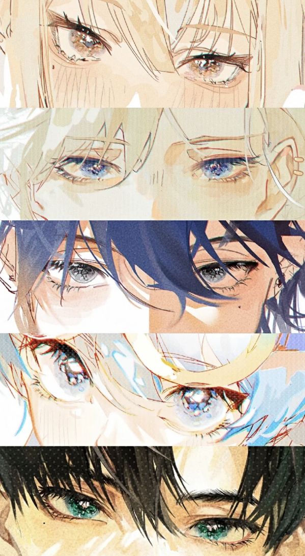 four different anime characters with blue eyes