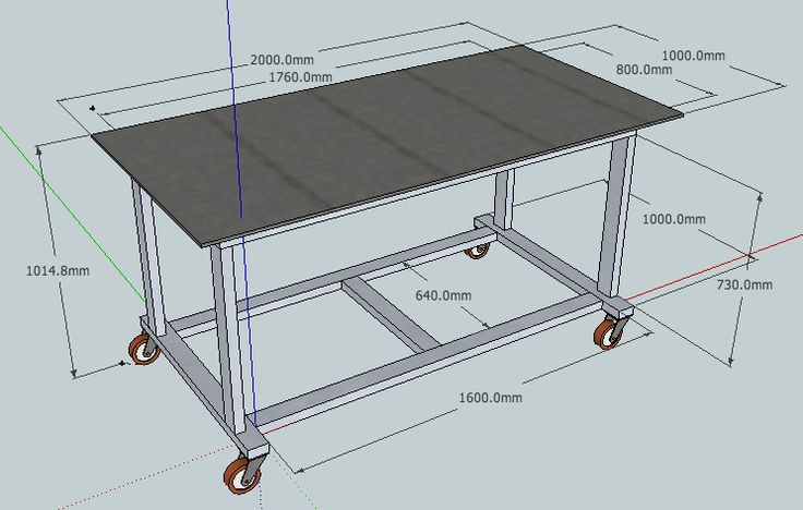 a drawing of a table with wheels and measurements