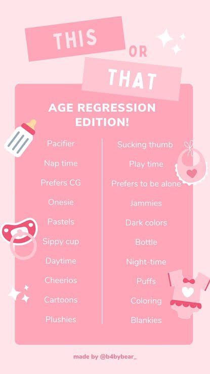 a pink poster that says, this or that age progression