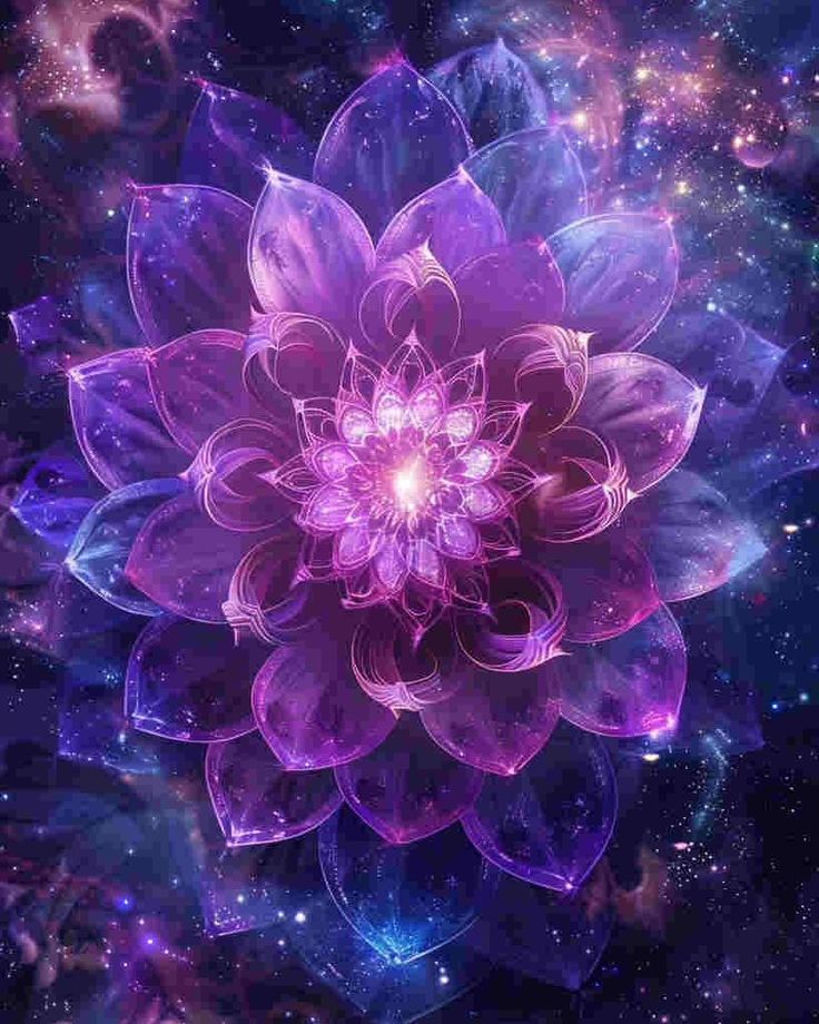 a purple flower surrounded by stars in the sky