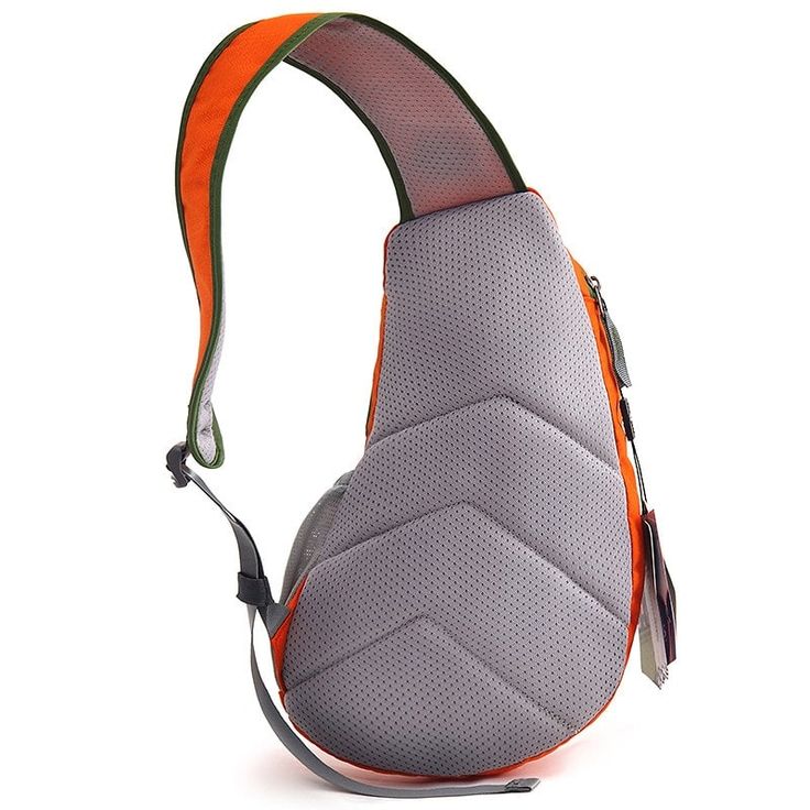 an orange and grey baby carrier on a white background with the strap down to it's side