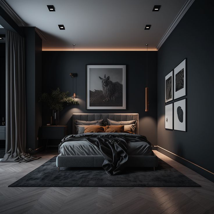 a bedroom with black walls and wood flooring