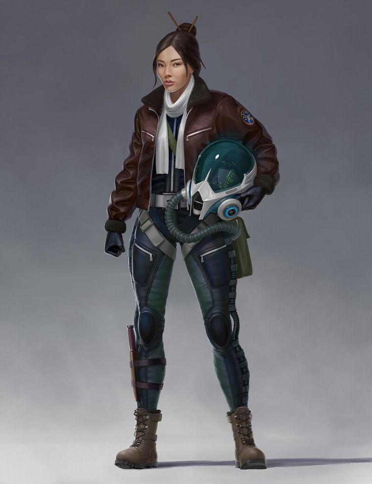 a female character is standing in front of a gray background and holding a green helmet