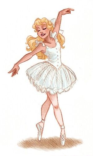 a drawing of a ballerina in white dress with her arms out and one hand up