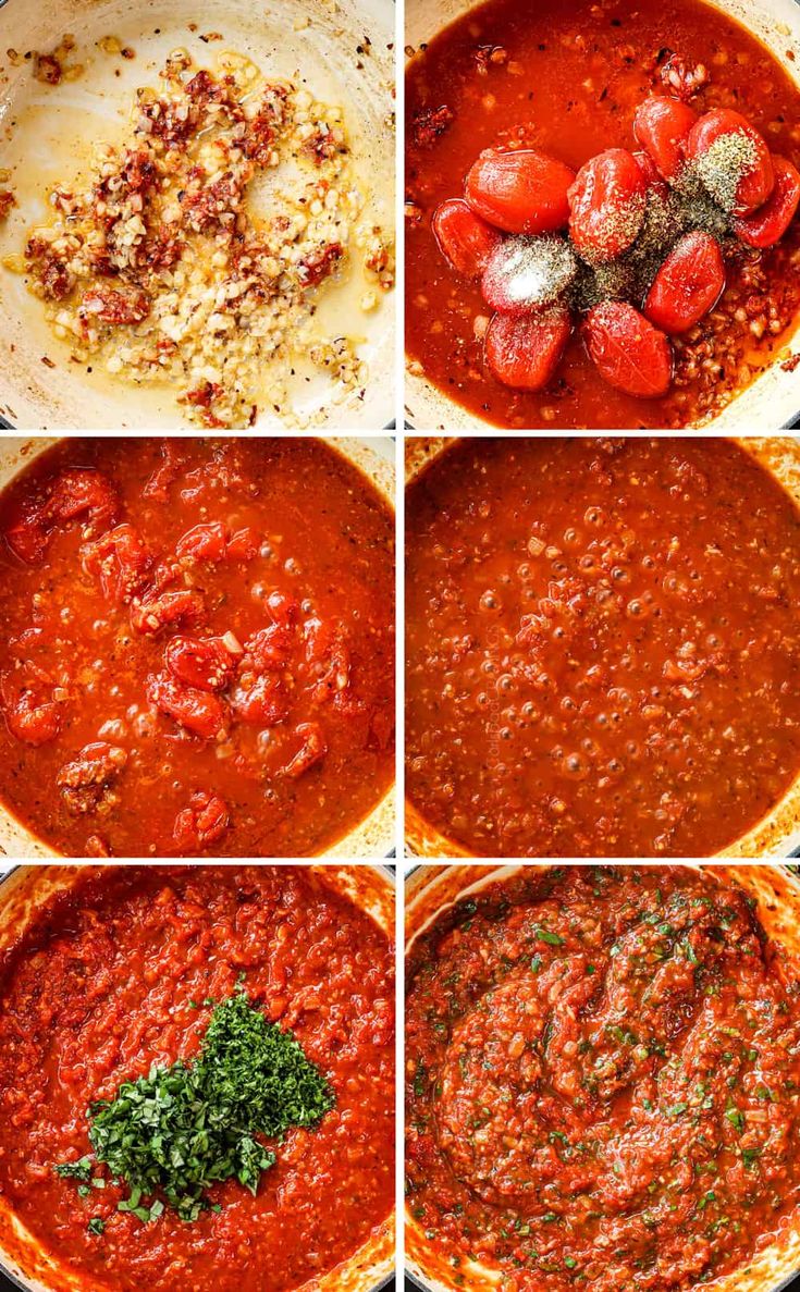 four pictures showing the steps to make tomato sauce