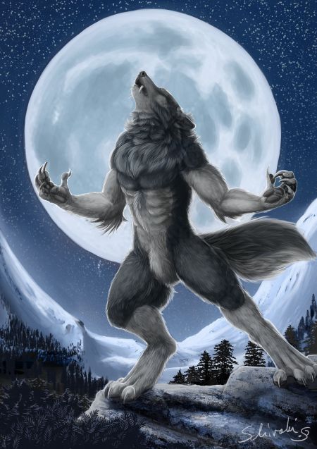 a wolf standing on its hind legs in front of a full moon