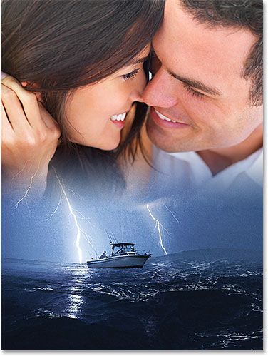 a man and woman standing next to each other near the ocean with a boat in the background