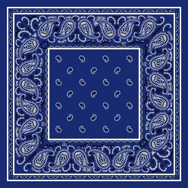 a blue bandanna with white and black paisley designs on it, against a dark blue background