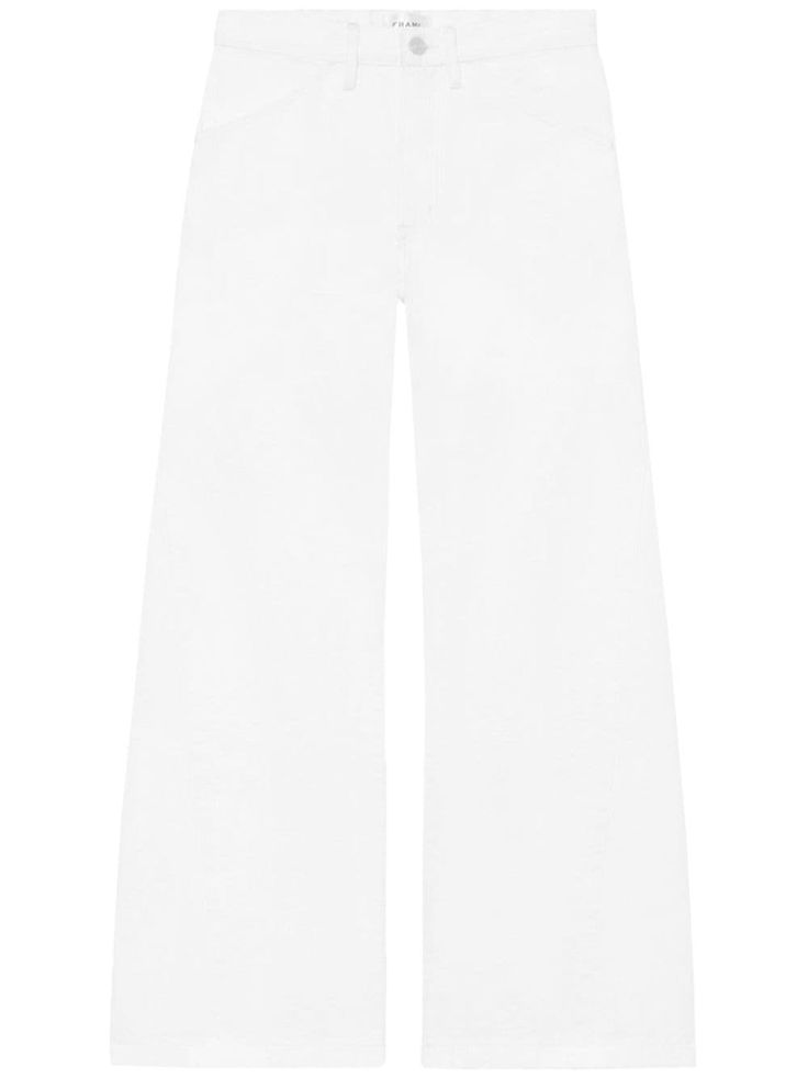 white cotton denim front button and zip fastening belt loops two side inset pockets two rear patch pockets wide leg high-waisted Cotton Wide Leg Flare Jeans With Belt Loops, High-rise White Jeans With Belt Loops, High Rise White Jeans With Belt Loops, White High Rise Jeans With Belt Loops, Wide-leg Cotton Jeans With Belt Loops, Cotton Cropped Leg Flare Jeans With Belt Loops, White Cropped Leg Jeans With Belt Loops, Cropped Cotton Flare Jeans With Belt Loops, White Cropped Jeans With Belt Loops