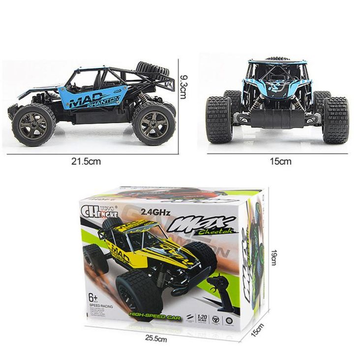 the remote controlled buggy is shown in three different colors and sizes, along with its box