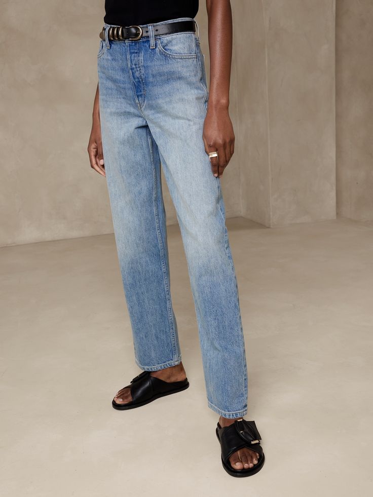 A modern heirloom, this jean is designed to suit many tastes: size down for a higher rise and figure-hugging fit, or take your regular size for a slouchy, highly relaxed take on this season's straight-leg styles.  Crafted in our softest non-stretch denim from Italy's Candiani mill.  LOOSE FIT: Mid-rise and slouchy with a relaxed, straight leg.  Recommend one-size down if you prefer to wear high-rise.  ORGANIC: Made with certified, organically grown cotton that's easier on the earth.  FROM ITALY' Dark Wash Mom Fit Jeans For Spring, Spring Dark Wash Mom Fit Jeans, Washed Cropped Jeans For Everyday Fall Wear, Everyday Washed Cropped Jeans For Fall, Fall Cropped Washed Jeans For Everyday, Spring High Rise Mom Jeans, Classic Relaxed Fit Cropped Jeans In Denim Blue, Medium Wash Straight Leg Jeans For Spring, Spring Medium Wash Straight Leg Jeans