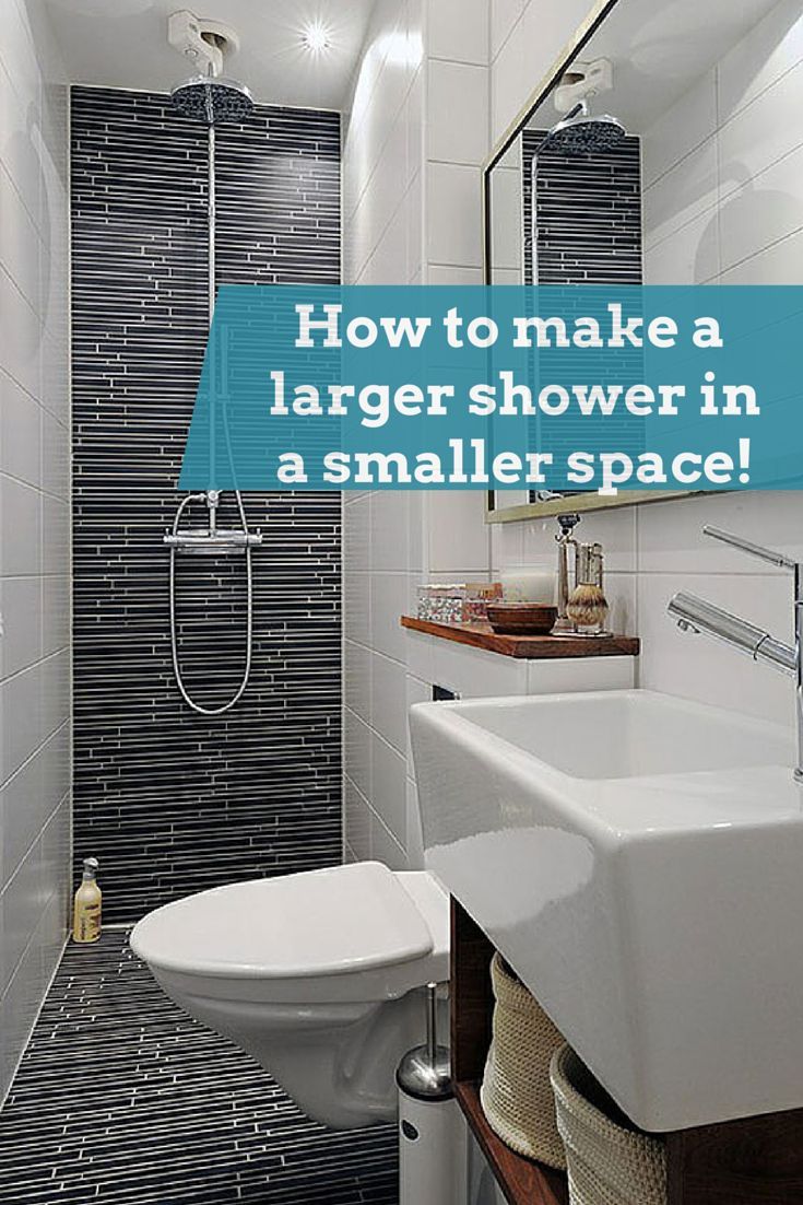 a bathroom with a sink, toilet and shower in it's stall area that says how to make a larger shower in a smaller space