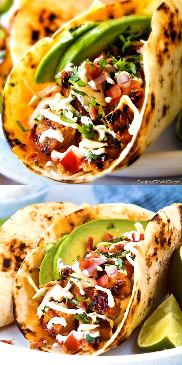 two pictures of some tacos on a plate with avocado and limes