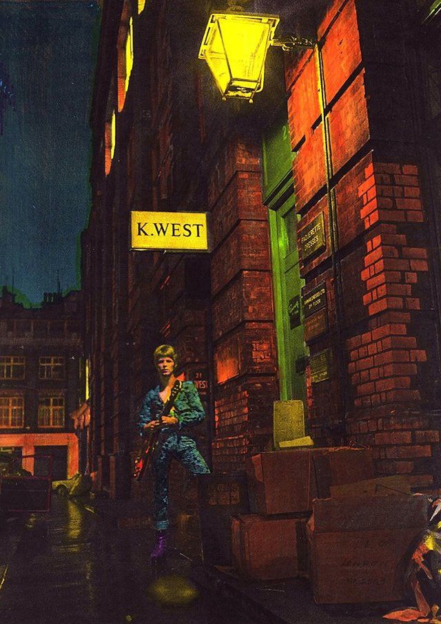 a painting of a man holding an electric guitar on a city street at night time