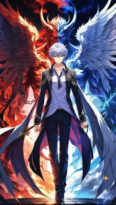 an anime character standing next to another character with wings on his head and two other characters in the background