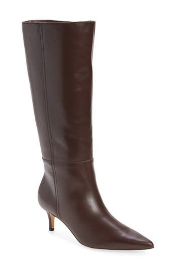 A pointy toe and slim heel sharpen the silhouette of a knee-high boot that makes casual and night-out ensembles more sleek. 2 1/2" heel (size 8.5) 15" shaft; 15 1/4" regular calf circumference 16 1/2" wide calf circumference Leather upper/synthetic lining/rubber sole Imported Classic Fall Knee-high Boots With Sculpted Heel, Classic Knee-high Boots With Sculpted Heel For Fall, Fitted Knee-high Boots With Snip Toe For Work, Classic Pointed Toe Knee-high Boots For Fall, Classic Knee-high Boots With High Shaft For Work, Classic High Shaft Knee-high Boots For Work, Chic Tall Brown Heeled Boots, Elegant Tall Knee-high Boots For Workwear, Elegant Tall Brown Boots