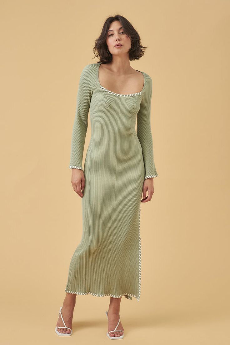 THE TRACE KNIT MIDI DRESS CRAFTED IN A SOPHISTICATED RIB KNIT BLEND OF VISCOSE AND NYLON. BOASTING WHIP STITCH LACING DETAIL, BUST SHAPING AND A SIDE SPLIT. - RIB KNIT- WHIP STITCH LACING DETAIL IN CONTRAST COLOUR- BUST SHAPING IN KNIT - SQUARE NECKLINE- WIDE HEM SLEEVES- SIDE SPLIT MAIN: 50% VISCOSE 50% NYLONTRIM: 72% VISCOSE 28% NYLON All Green Outfit, Knitted Dress Outfit, Knitwear Inspiration, Whip Stitch, Australian Fashion Designers, Statement Dress, Knitwear Fashion, Ribbed Knit Dress, Dress Crafts