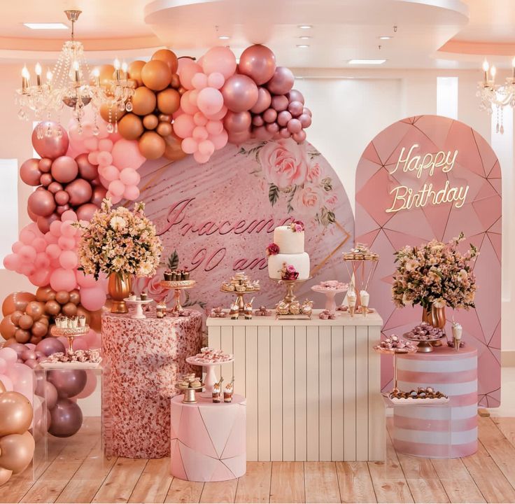 a pink and gold birthday party with balloons