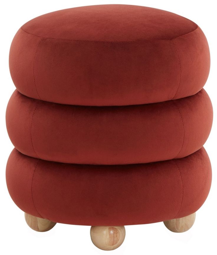 three stools stacked on top of each other with wooden legs and red fabric cushions