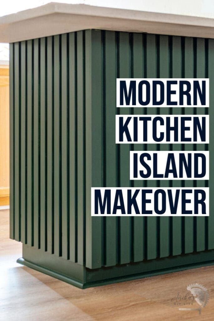 a green kitchen island with the words modern kitchen island makeover written in white on it