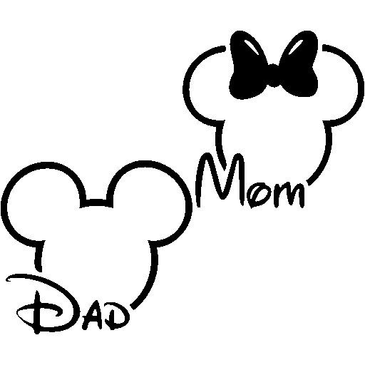 the word mom and mickey mouse heads with a bow on it's head in black ink