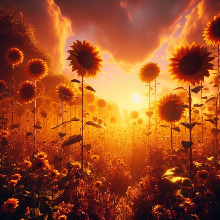 the sun shines brightly behind many large flowers