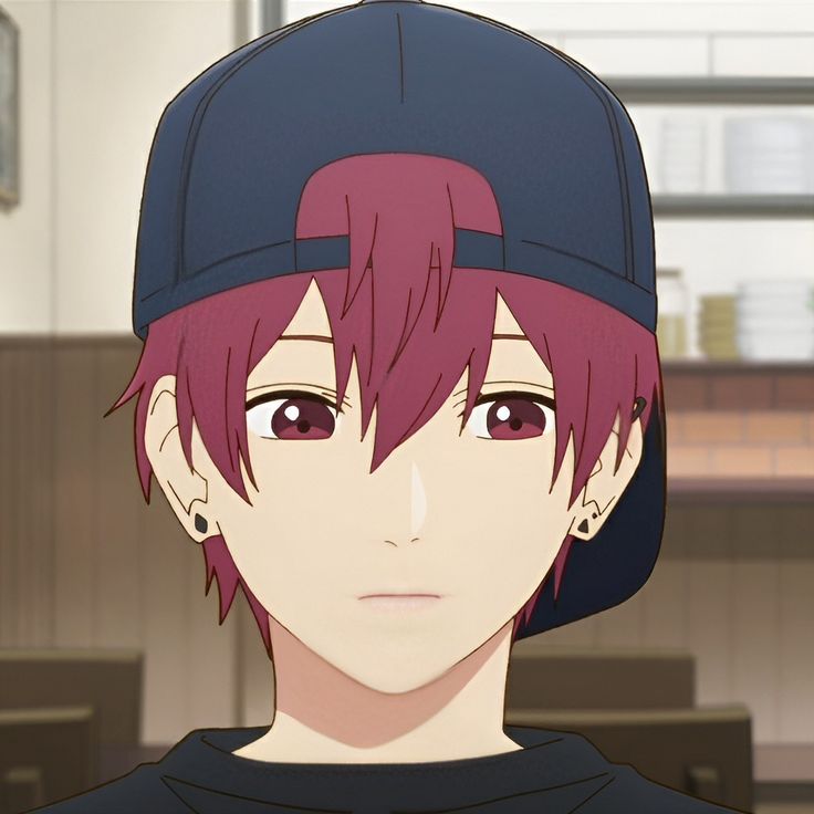 an anime character with red hair wearing a black shirt and baseball cap, looking at the camera