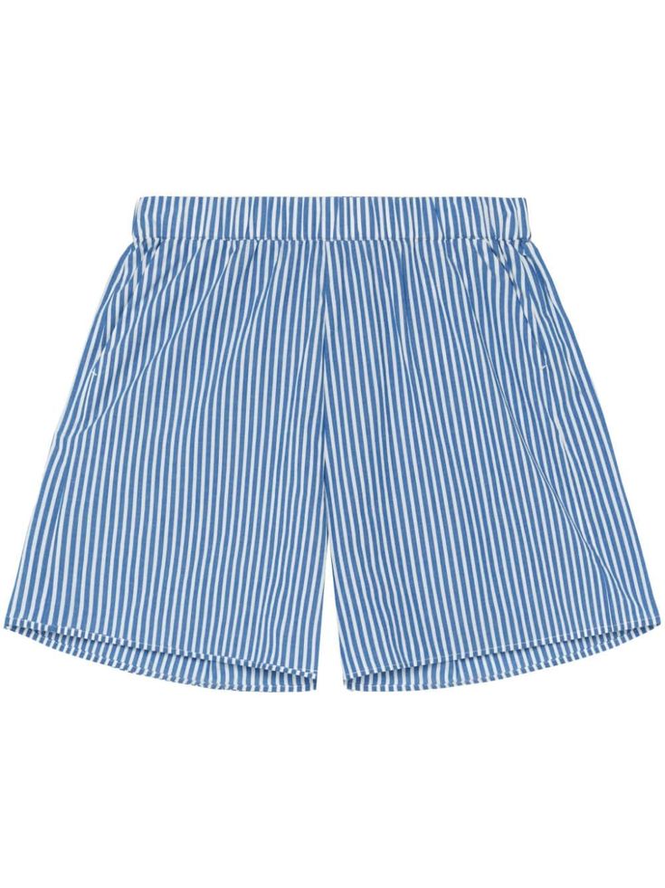 blue/white cotton poplin texture vertical stripe pattern elasticated waistband wide leg two side slash pockets thigh-length John Elliott, Yoko London, City Dress, Summer Beach Wear, Ski Wear, Lady Dior, Cotton Poplin, Cotton Shorts, Stripes Pattern