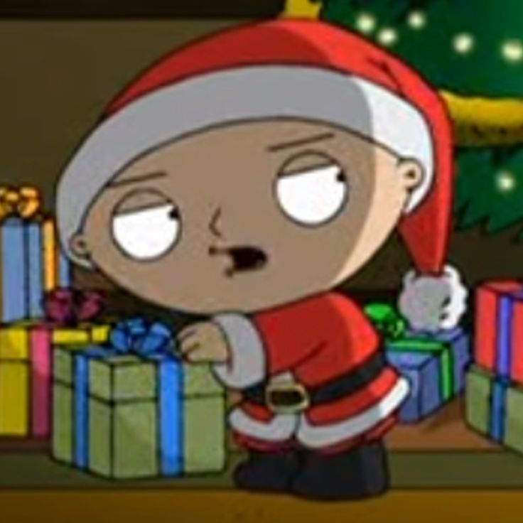 an animated christmas scene with santa clause pointing at presents