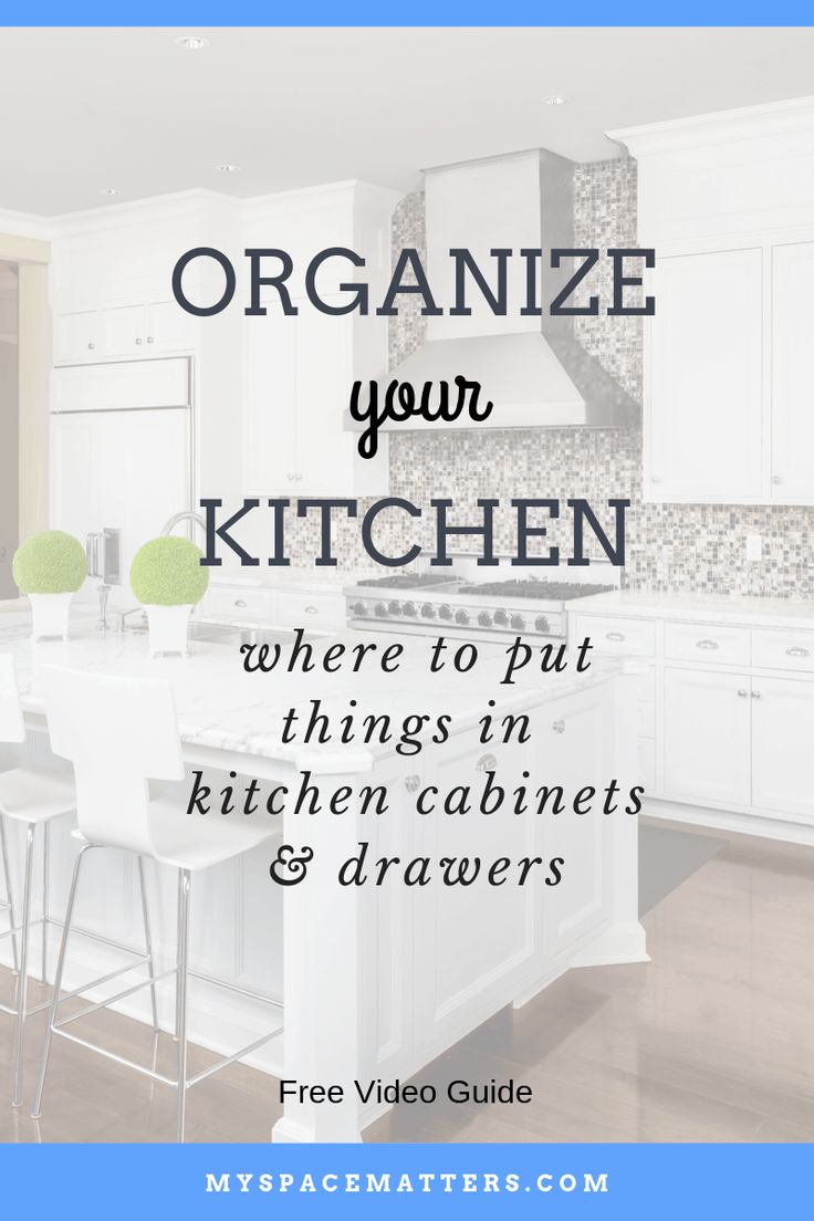 a kitchen with the words organize your kitchen where to put things in kitchen cabinets and drawers