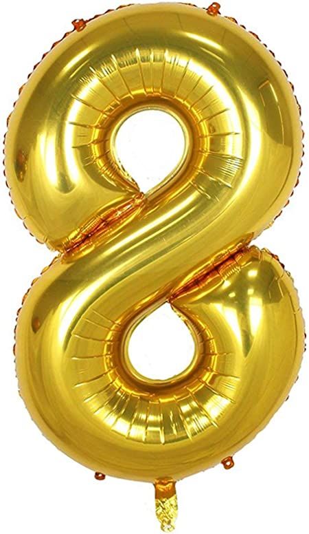 the letter s is made out of gold foil and has an eight balloon attached to it